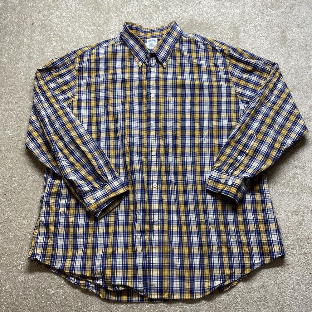 Brooks Brothers Button Down Shirt Mens XXL Yellow Blue Plaid Regent Fit